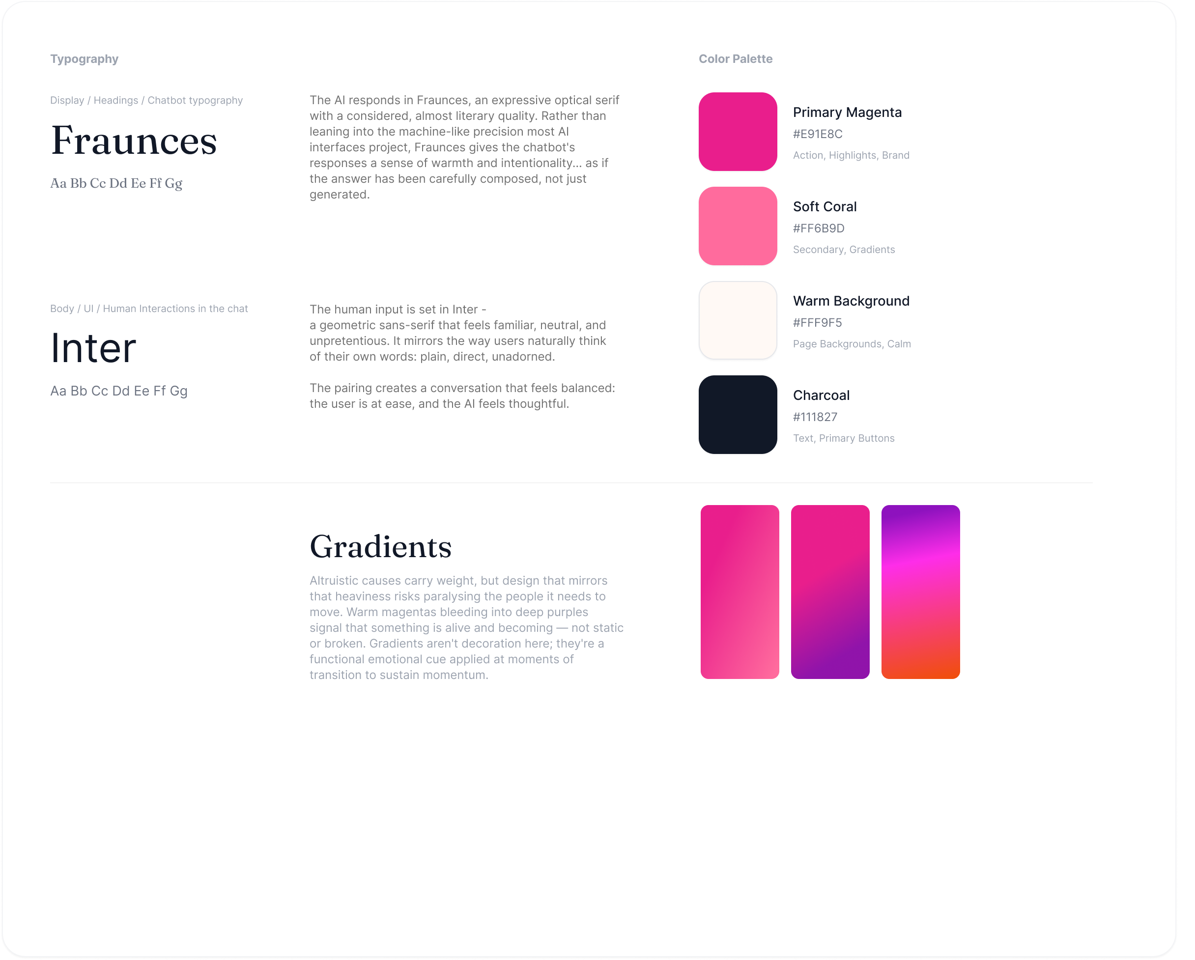 Altrue brand direction exploring typography, colour, gradients, and tone for a warmer AI-giving experience