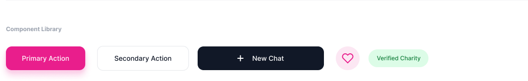Altrue component library showing actions, chat entry points, favourite states, and verified charity badges