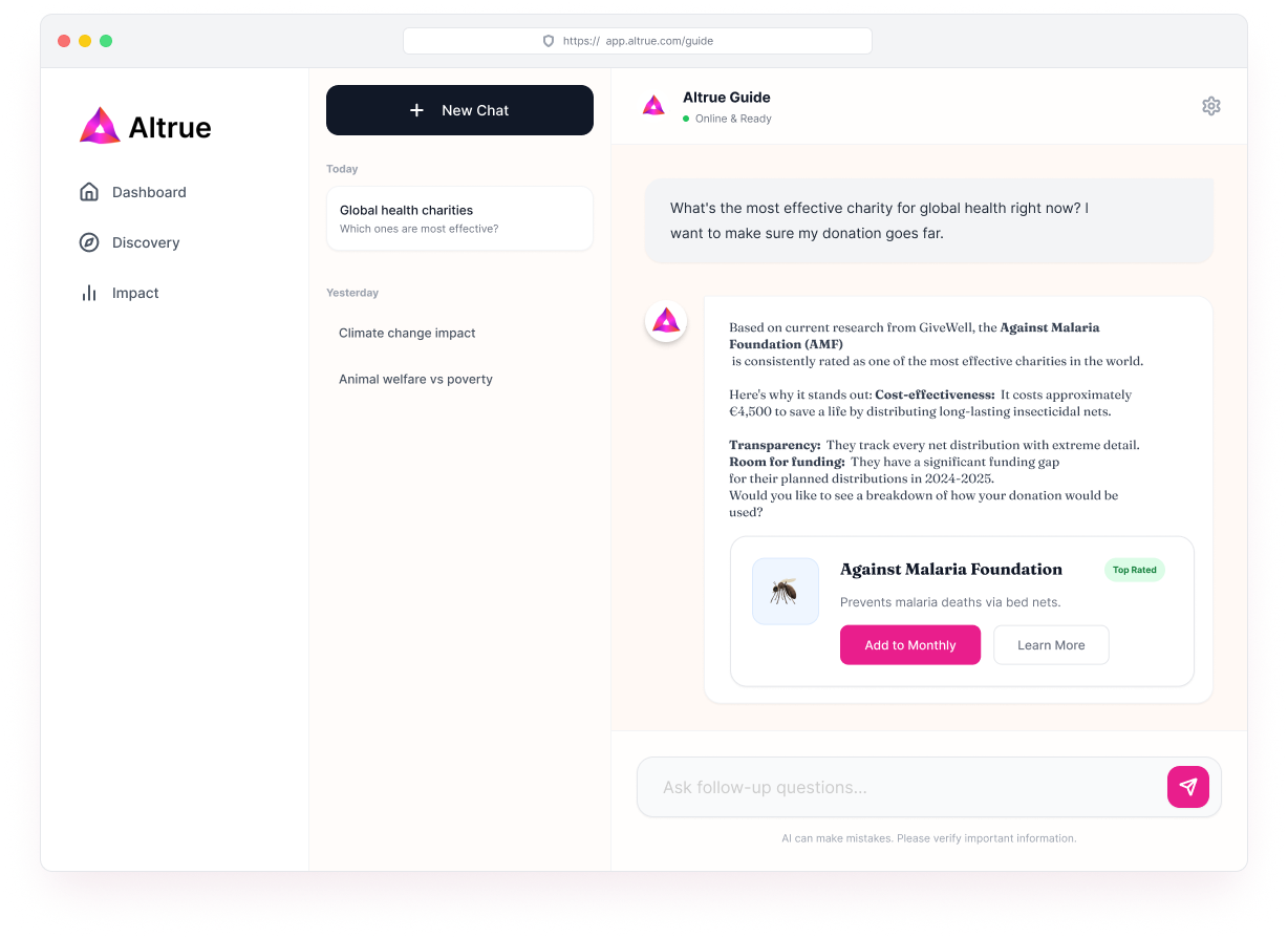 Altrue desktop guidance prototype with chat history, source context and donation controls