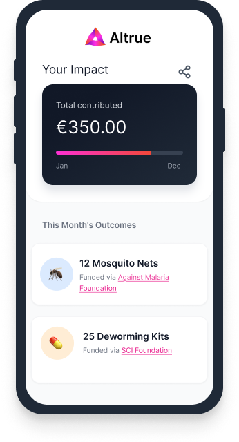 Altrue mobile impact report showing outcomes funded through recurring giving