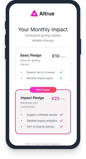 Altrue monthly giving model showing subscription tiers and impact benefits
