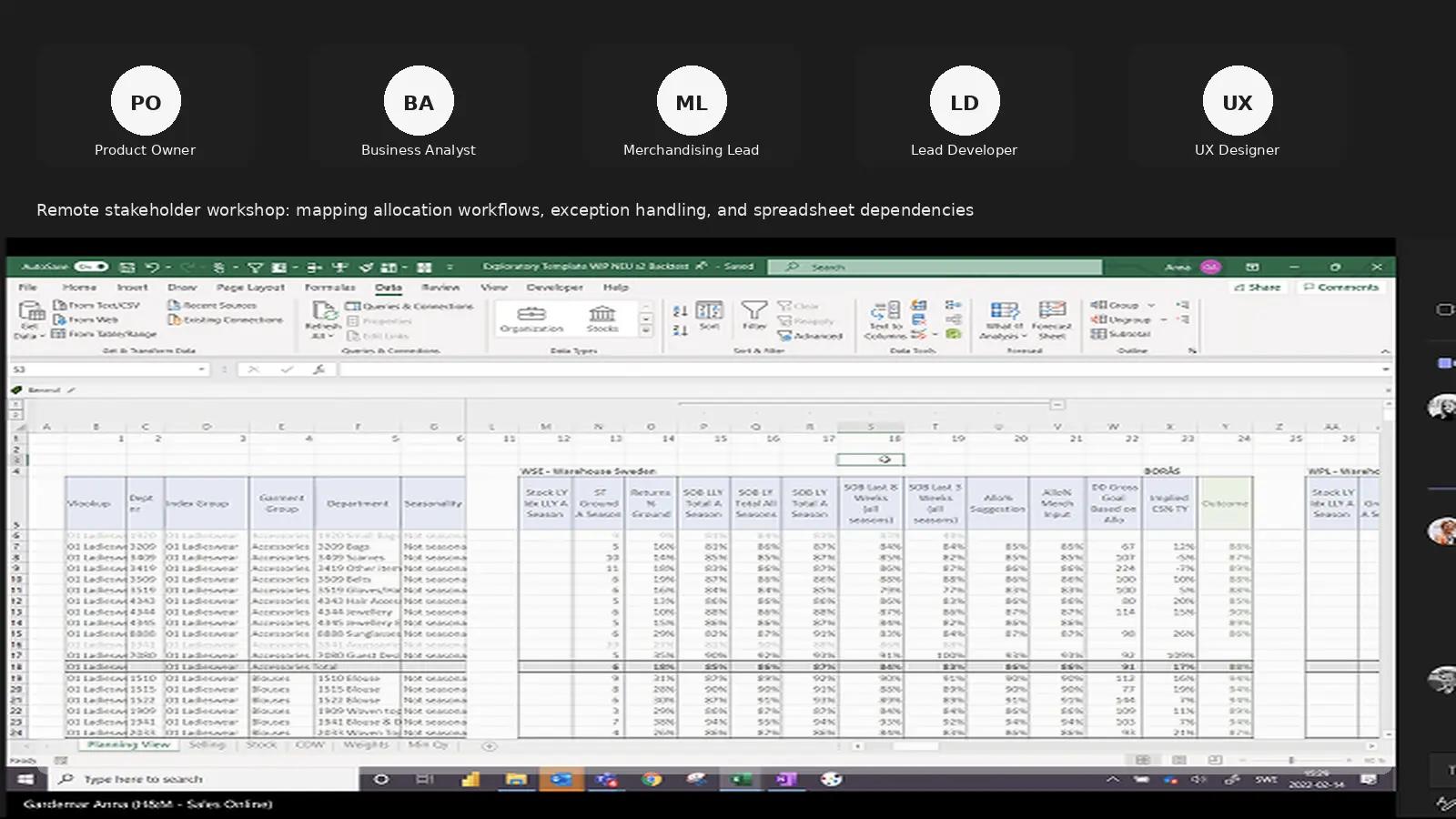 Anonymised spreadsheet workflow used to map merchandiser tasks and handoffs