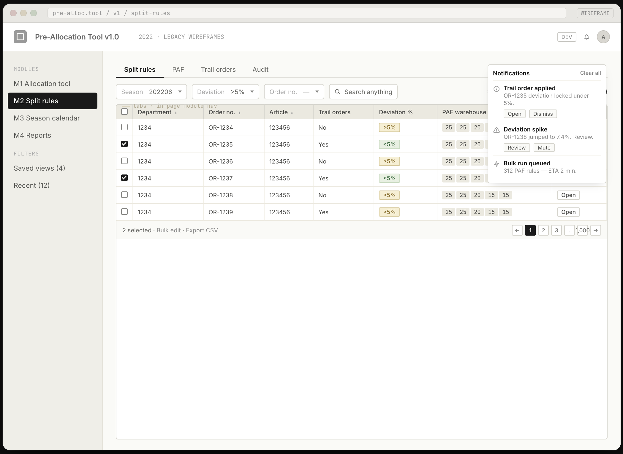 Split rules module wireframe — deviation tracking, PAF warehouse allocation, and trail order management