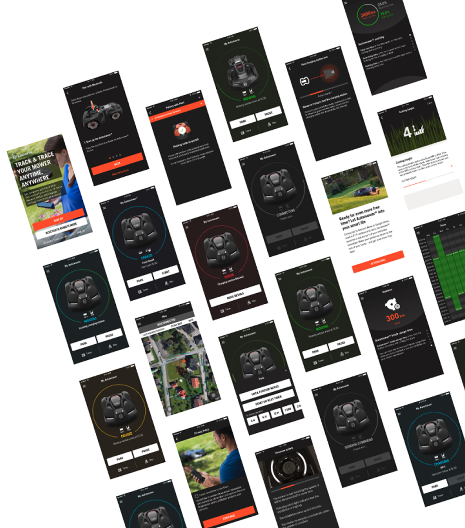 Grid of Automower Connect app screens across states