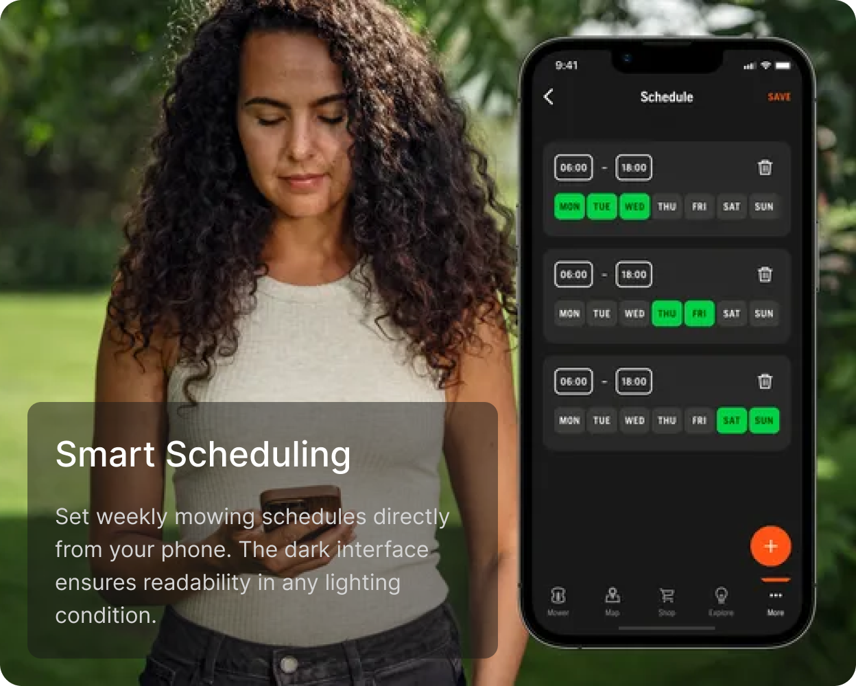 Smart Scheduling — set weekly mowing schedules from your phone
