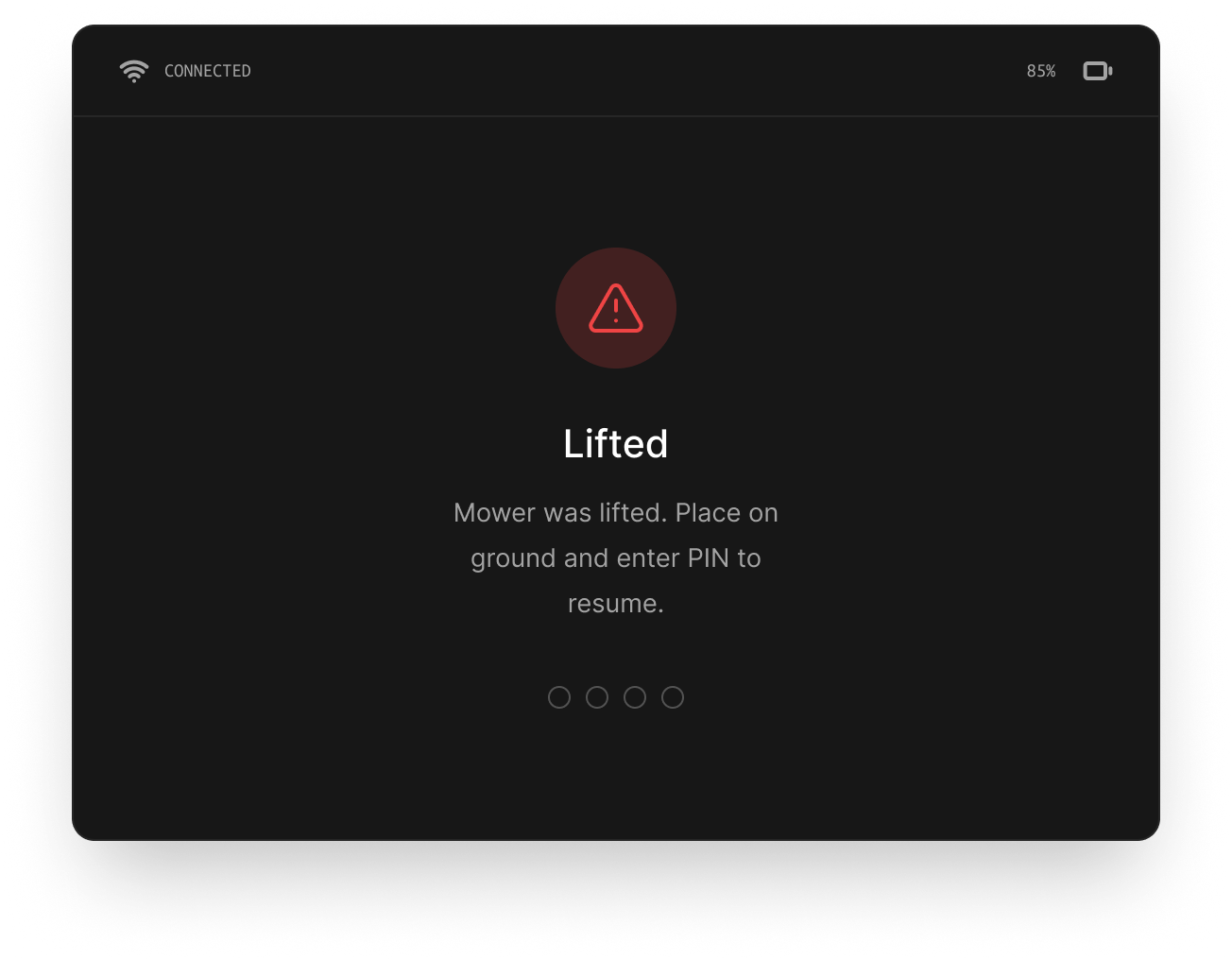HMI error screen reading 'Lifted — place on ground and enter PIN to resume'