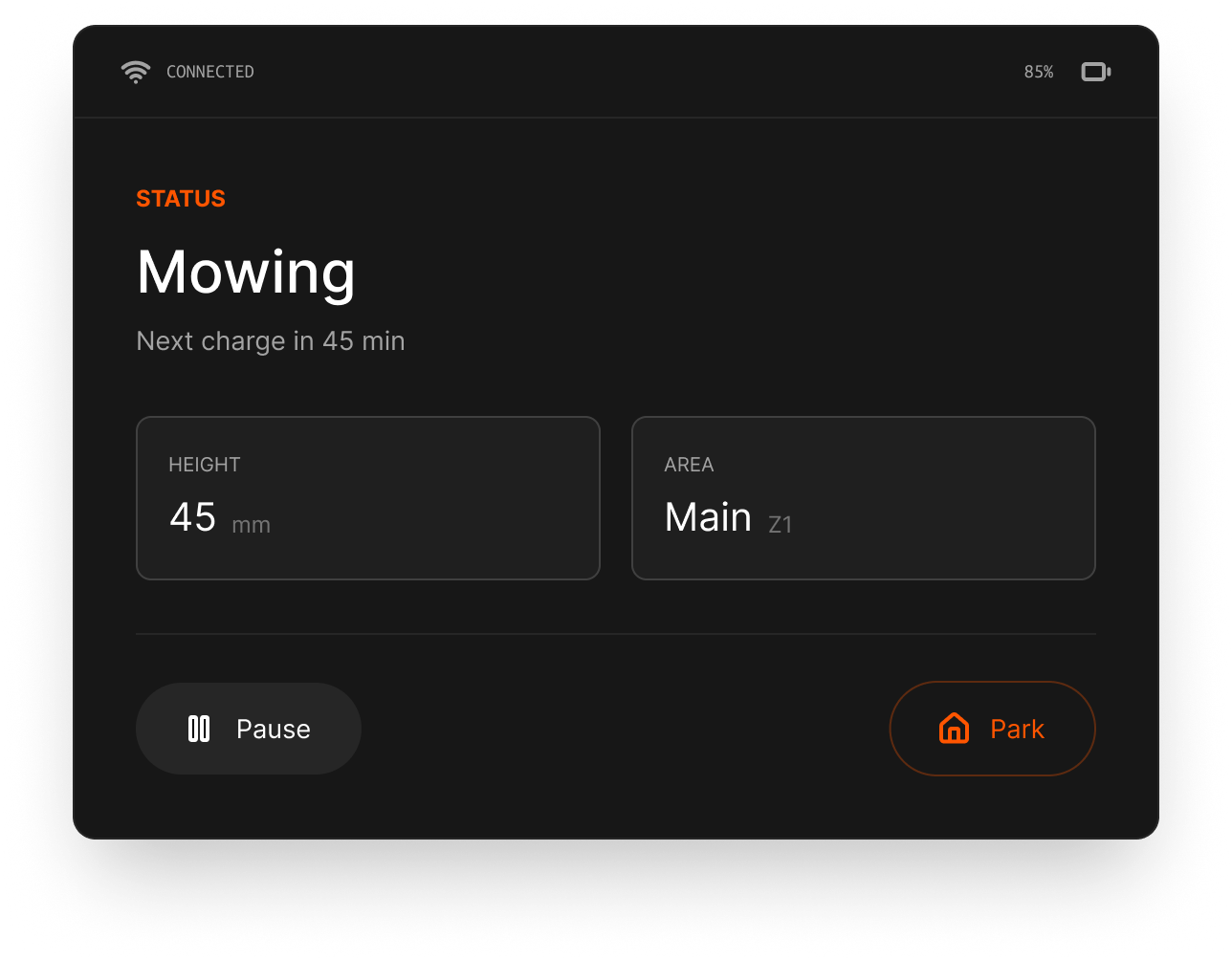 HMI status screen showing Mowing, 45 mm height, Main zone