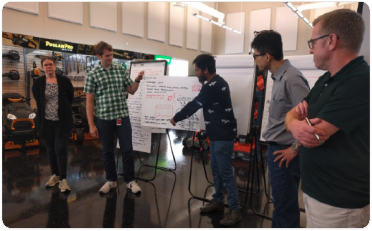 Team presenting at a whiteboard in a Husqvarna showroom