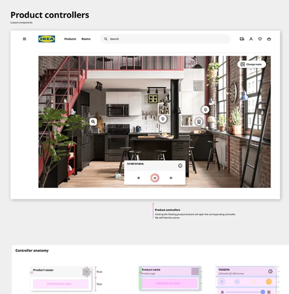 Close view of product controls layered over an IKEA room
