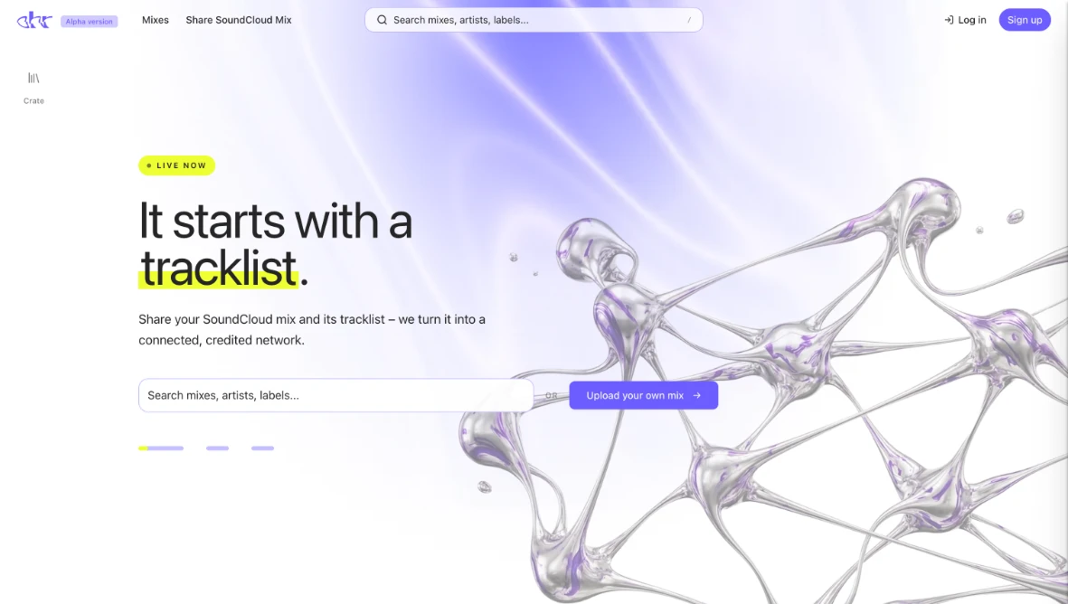 The live OHR alpha homepage: an alpha version badge beside the logo, a live now pill, the headline 'It starts with a tracklist', and a search field for mixes, artists and labels